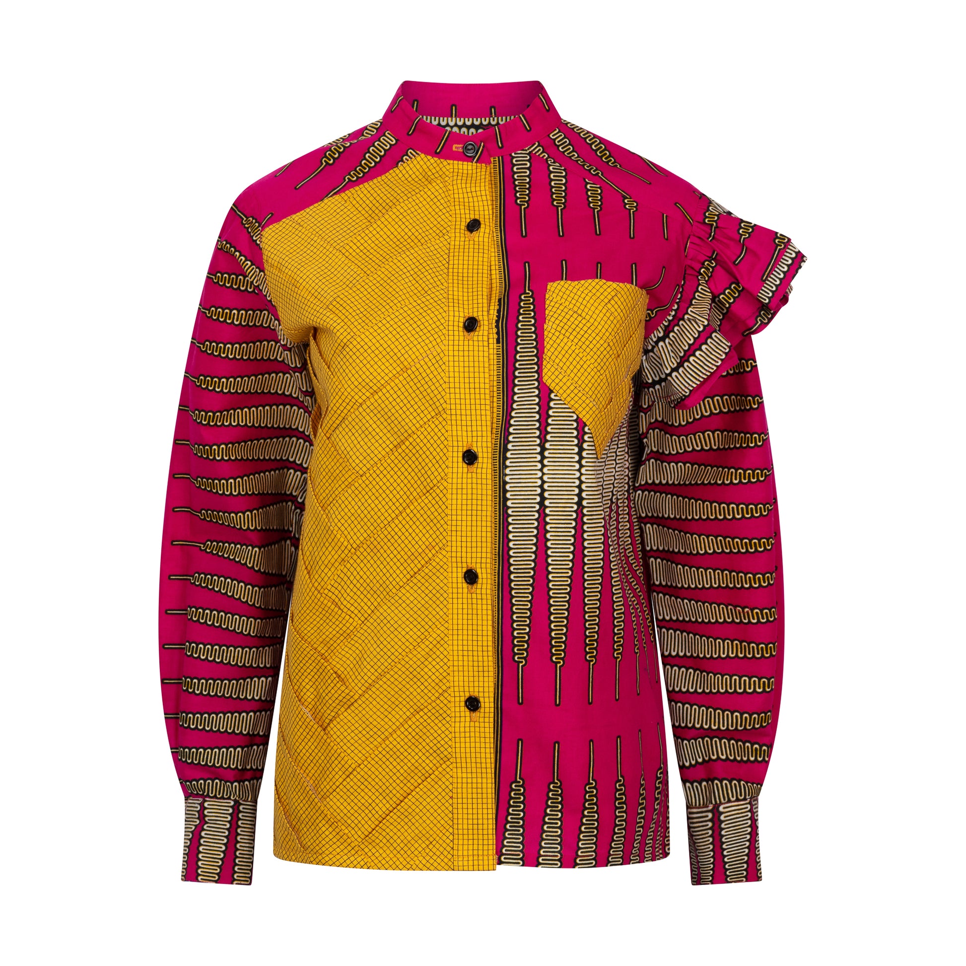 Ācamana Shirt: Yellow Check & Pink Kitenge freeshipping - House of Bilimoria