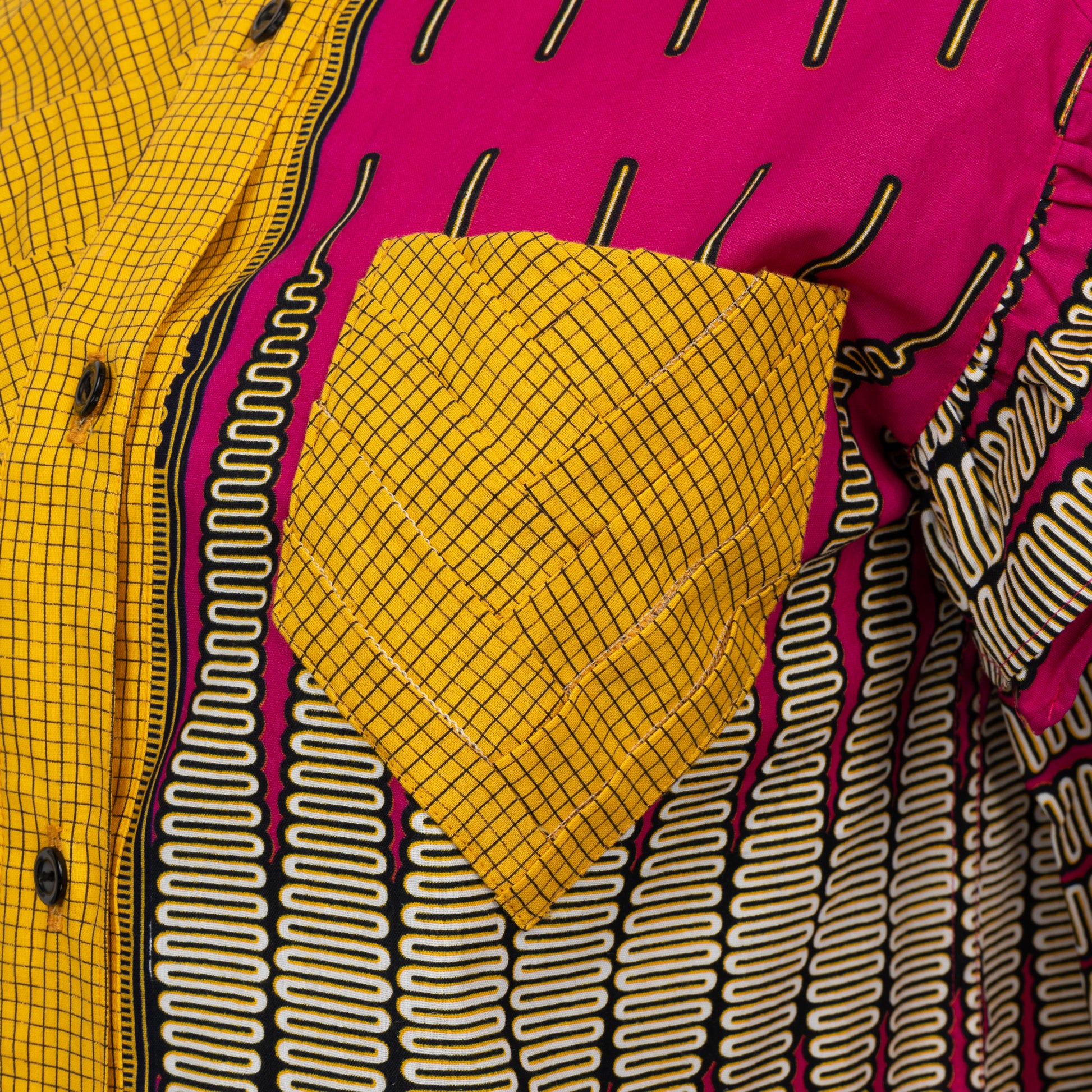Ācamana Shirt: Yellow Check & Pink Kitenge freeshipping - House of Bilimoria